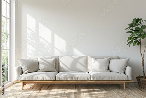 An elegant living room set decorated with luxury large sofas, vases and glass windows with natural light cast and shadow, with Generative Stock (GAI)