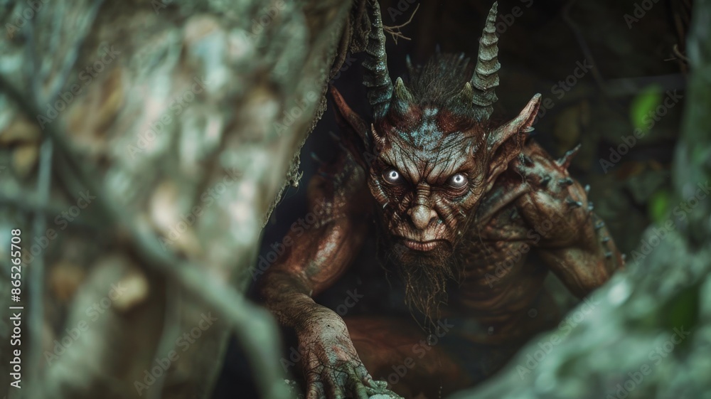 Devil crawls out of a cave in the jungle. Lair of the beast