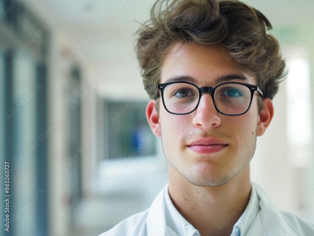 Young male doctor with glasses, standing in a bright corridor, professional and confident. Young male doctor with glasses, standing in a bright corridor, professional and confident.