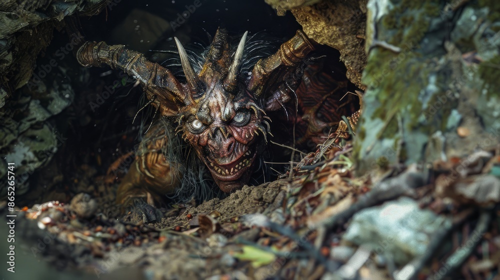 Devil crawls out of a cave in the jungle. Lair of the beast Devil crawls out of a cave in the jungle. Lair of the beast