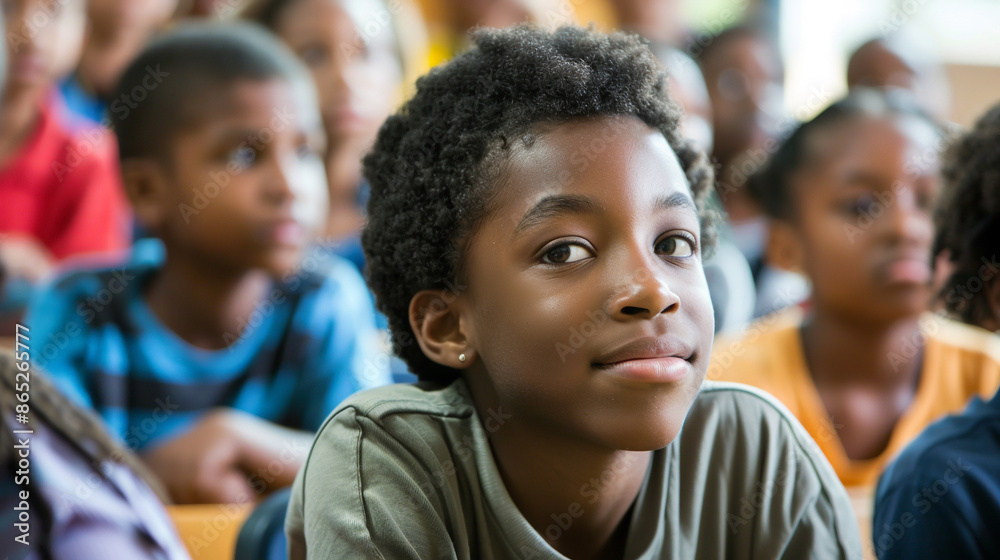A smiling schoolboy sits at his desk and looks at the camera against the backdrop of his classmates. A smiling schoolboy sits at his desk and looks at the camera against the backdrop of his classmates.