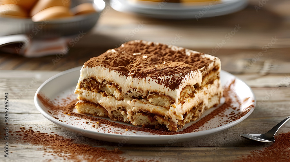 Perfect homemade tiramisu cake with fresh mint. Tiramisu portion on pink plate over wooden background.ai generative Perfect homemade tiramisu cake with fresh mint. Tiramisu portion on pink plate over wooden background.ai generative