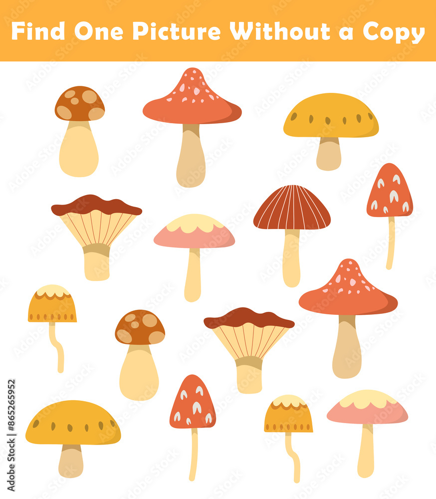 Find One Picture Without a Copy for Preschool Children. Find same picture worksheet for kids. Worksheet for kindergarten-aged children with cute mushroom illustration. Find One Picture Without a Copy for Preschool Children. Find same picture worksheet for kids. Worksheet for kindergarten-aged children with cute mushroom illustration.