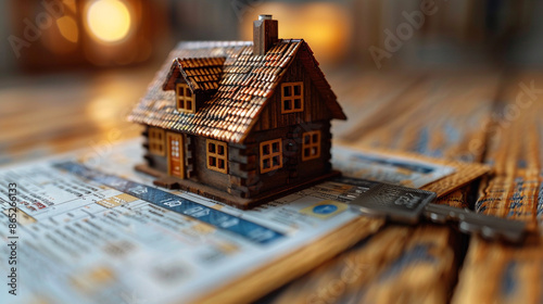 Close-up of a house key and house model for mortgage, investment and real estate concept.