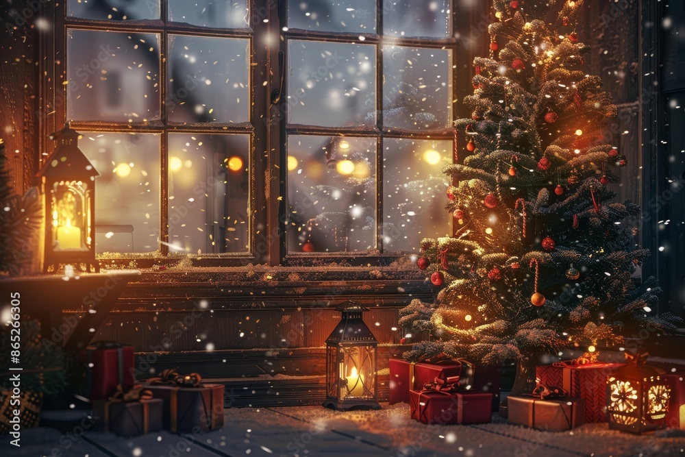 Holiday decorations in winter season with gift boxes, Christmas trees and ornaments, Snowflakes background, Happy New Year celebration, Special event scene with copy space. Holiday decorations in winter season with gift boxes, Christmas trees and ornaments, Snowflakes background, Happy New Year celebration, Special event scene with copy space.