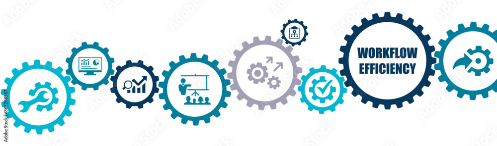 Workflow Efficiency banner vector illustration with the icons of workflow, testing, planning, training, implementation, analysis, operation, productivity, result on white background. Workflow Efficiency banner vector illustration with the icons of workflow, testing, planning, training, implementation, analysis, operation, productivity, result on white background.
