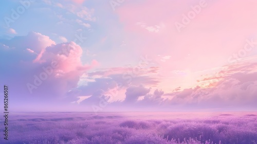 Dreamy Pastel Sky with Soft Clouds Over Lavender Field Scenic Landscape