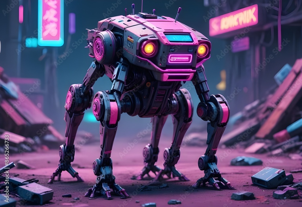 very cute four leg robot with heavy legd, pink lights, in a cyberpunk sci-fi junk dump very cute four leg robot with heavy legd, pink lights, in a cyberpunk sci-fi junk dump