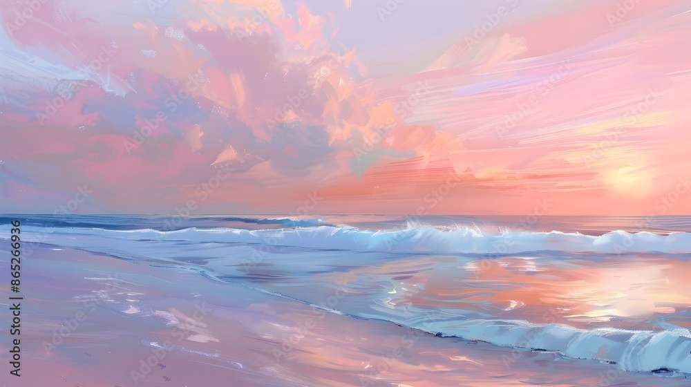 Breathtaking Pastel Beach Sunset with Serene Waves and Soft Sky Breathtaking Pastel Beach Sunset with Serene Waves and Soft Sky