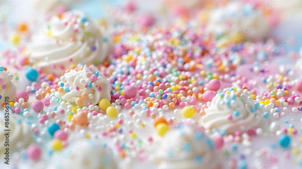 Soft Pastel Rainbow Sprinkles on Frosted Celebratory Cake Soft Pastel Rainbow Sprinkles on Frosted Celebratory Cake