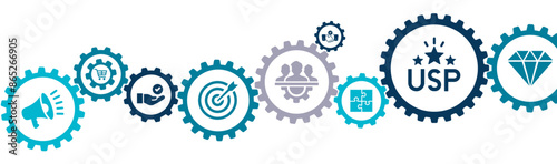 Unique Selling Proposition USP banner vector illustration with icon of marketing strategy, competitive advantage, service, attract customer, competition, unique benefits, features on white background.