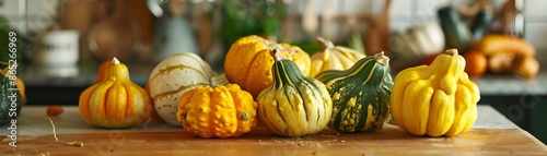 Irregularly Shaped Gourds and Squash on Kitchen Counter for Home Cooking