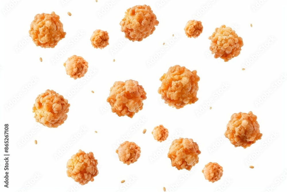 An illustration of fried hash browns flying in the air isolated on a white background, food that is high in calories or is fast food. An illustration of fried hash browns flying in the air isolated on a white background, food that is high in calories or is fast food.