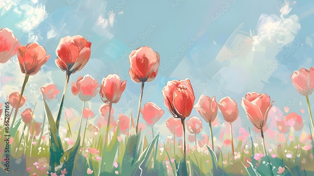 Fototapeta premium Vibrant Pastel Tulip Fields Under Light Blue Sky in Springtime Landscape