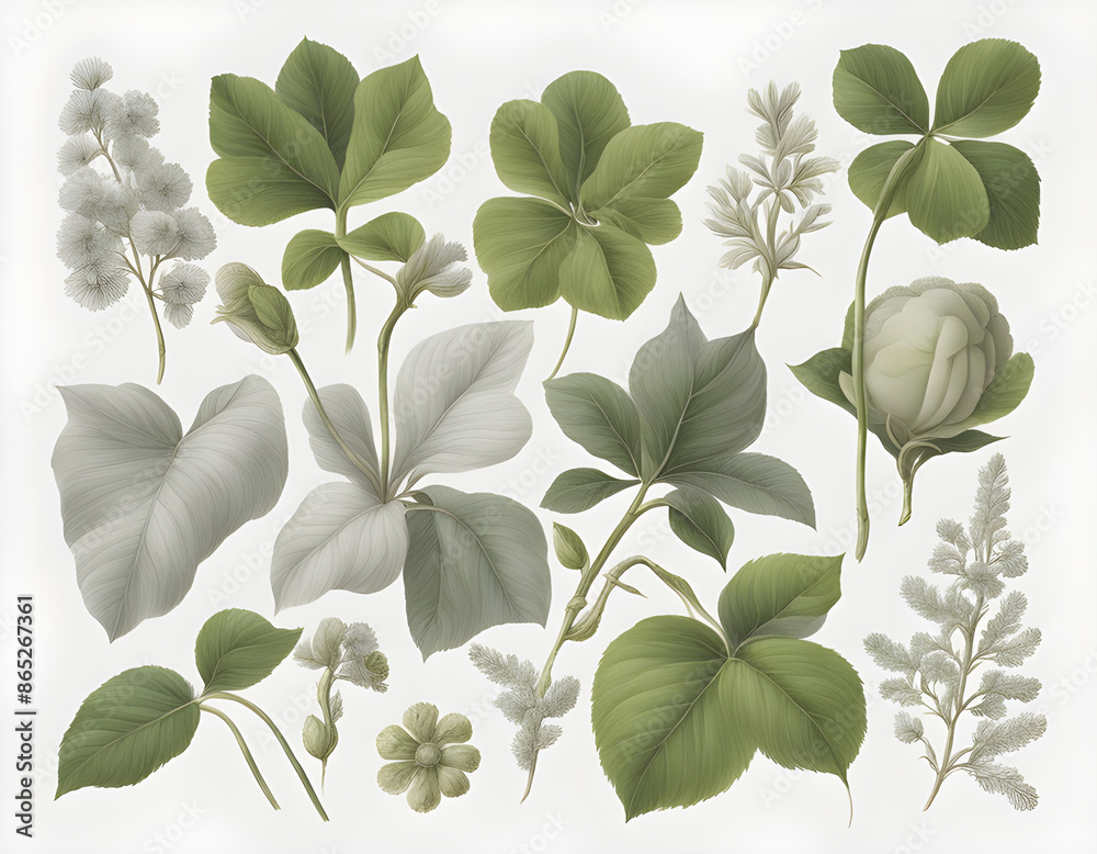 Obraz premium A white background hosts a detailed botanical illustration with shades of light gray and green.