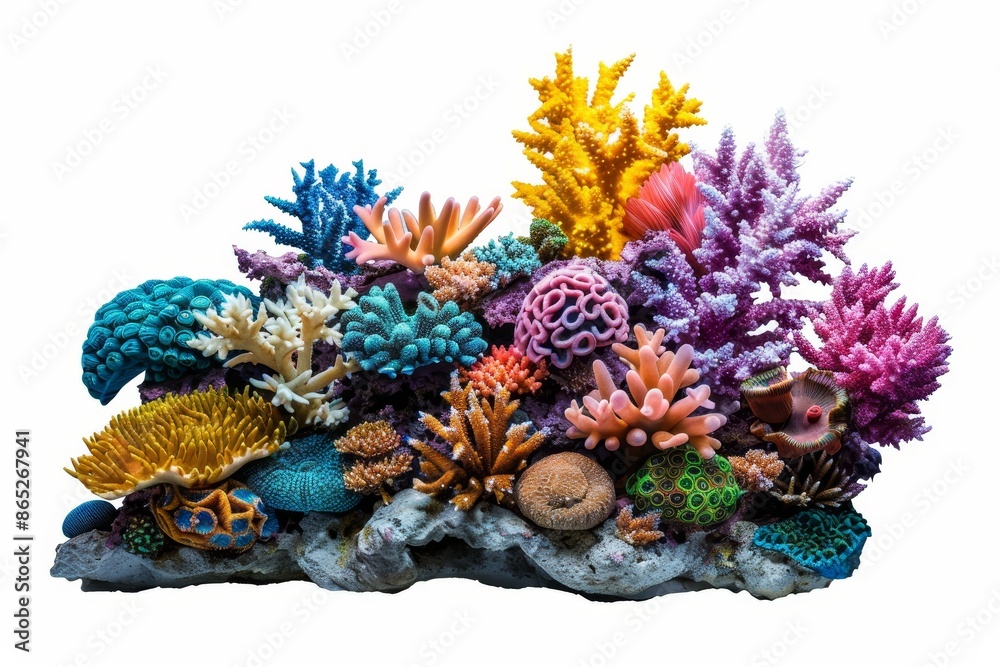 A coral reef on a sea stone background with colorful branches is isolated from the rest of the background.