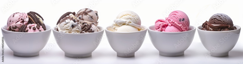 Different flavors of ice creams scooped from a bowl isolated on a white background. Dessert sweet scoops of chocolate, strawberry, and chocolate chip. Different flavors of ice creams scooped from a bowl isolated on a white background. Dessert sweet scoops of chocolate, strawberry, and chocolate chip.