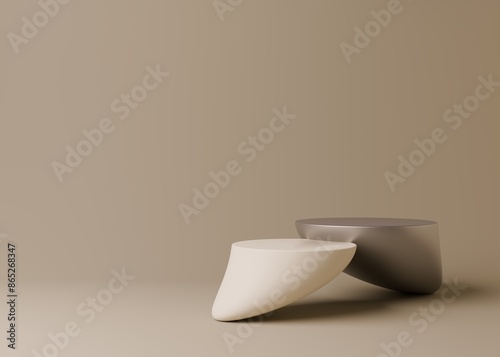 White and black empty podium or pedestal for product presentation on two floors. Round mockup platform on beige background. 3d rendering	