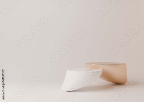 White and gold empty podium or pedestal for product presentation on two floors. Round mockup platform on beige background. 3d rendering	