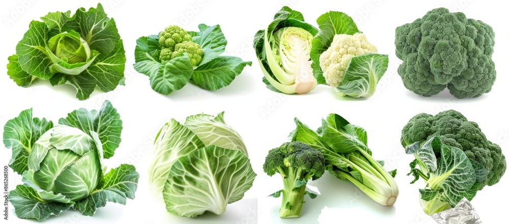 A collection of Green Cabbage vegetables with different types isolated on a white background, high fiber and vitamin content. A collection of Green Cabbage vegetables with different types isolated on a white background, high fiber and vitamin content.