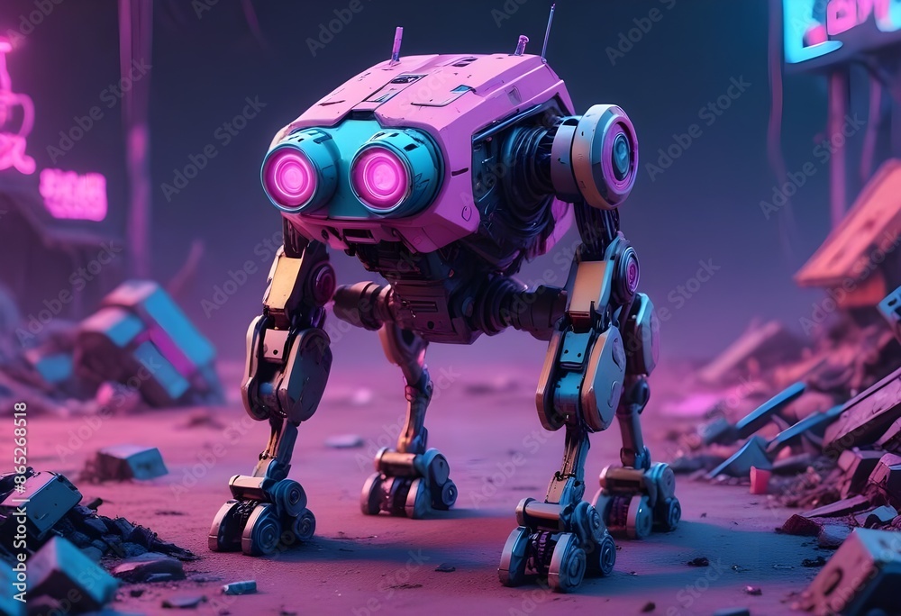 Fototapeta premium very cute four leg robot with heavy legd, pink lights, in a cyberpunk sci-fi junk dump