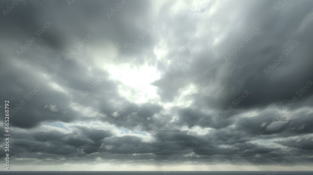 An overcast sky filled with dark, looming clouds, creating a dramatic and moody atmosphere.
