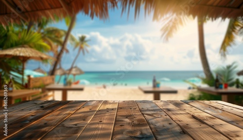 Wallpaper Mural Empty blank wooden tabletop with sea view and summer beach blurry background. For product display advertisement mockup and montage. Torontodigital.ca