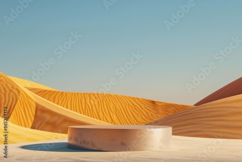 Minimalist 3D render of a round podium or pedestal on sand against a desert landscape. Blank platform for product placement, advertisement, or presentation.