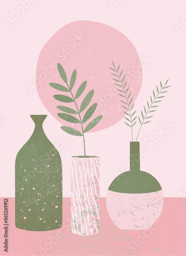 Modern minimalist vases with abstract plant and sun. Grunge texture. Printable boho home decor. Pink, green, white color. Modern aesthetic boho design wallpaper, card, template.