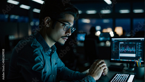 Shot of a young nerd programmer with glasses using a digital tablet and computer to work hard at night in a modern office