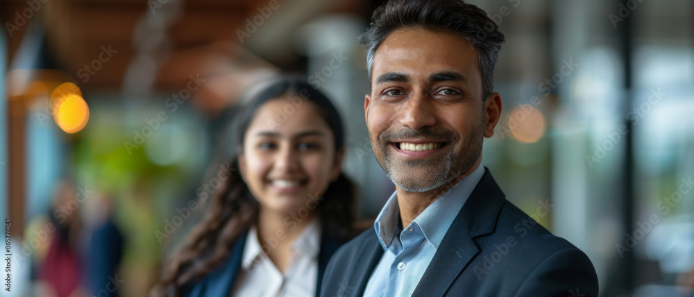 Happy Indian businessman leads confidently in office setting with smiling young professional. Happy Indian businessman leads confidently in office setting with smiling young professional.