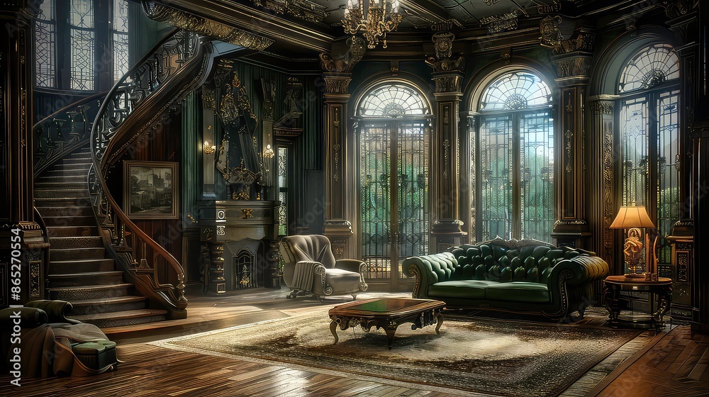 living room illustration interior design gloomy mansion victorian wall ...