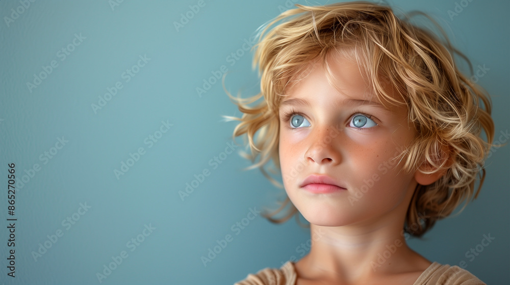 A child with ADHD daydreaming, not focused on the task positioned on the left side of the image against a light blue background. A child with ADHD daydreaming, not focused on the task positioned on the left side of the image against a light blue background.