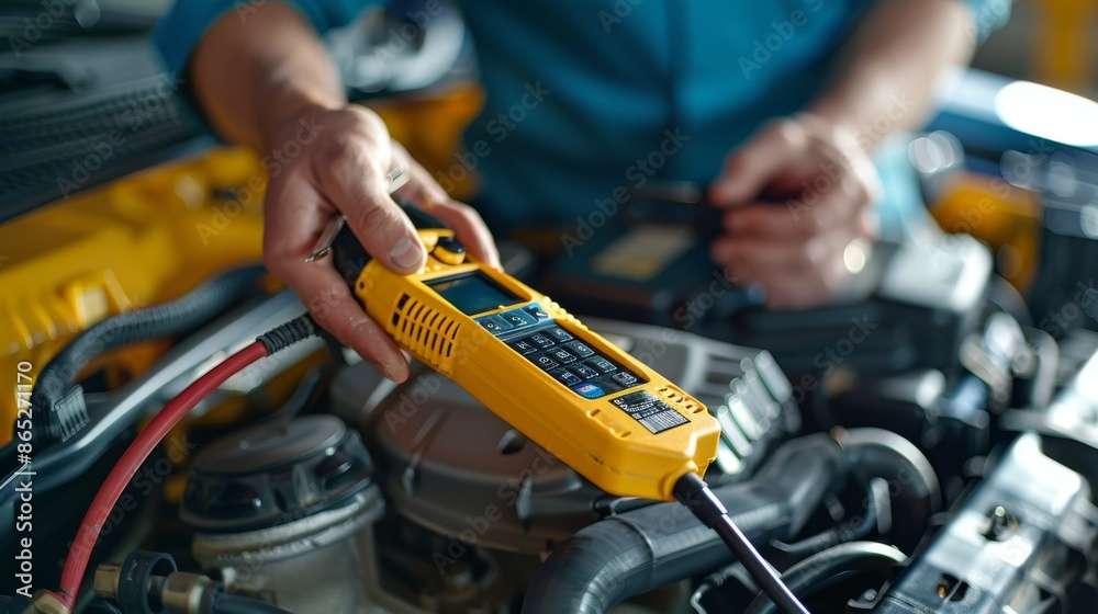 A mechanic tests a car engine using an electronic tester A mechanic tests a car engine using an electronic tester