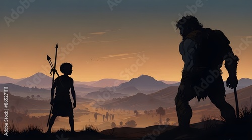 David and Goliath Bible story of young Shepherd boy defeating a giant warrior with simple rock.generative.ai