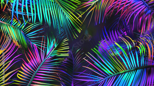 Nature background of palm leaves in fluorescent color. Flat lay neon colors.