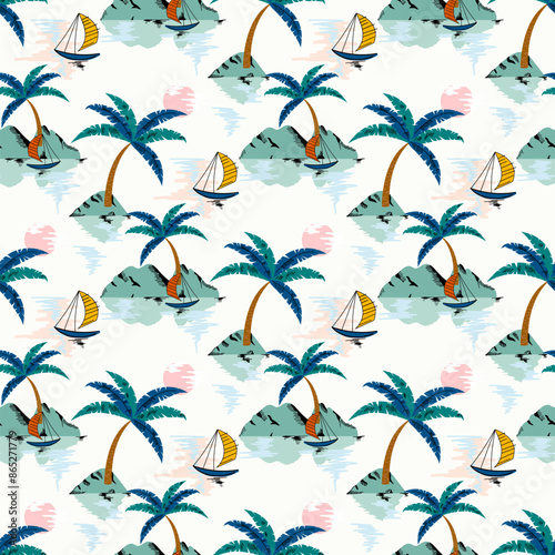 Summer tropical island seamless pattern. Vacation background design with landscape, palm trees, mountain, ocean and sailboat