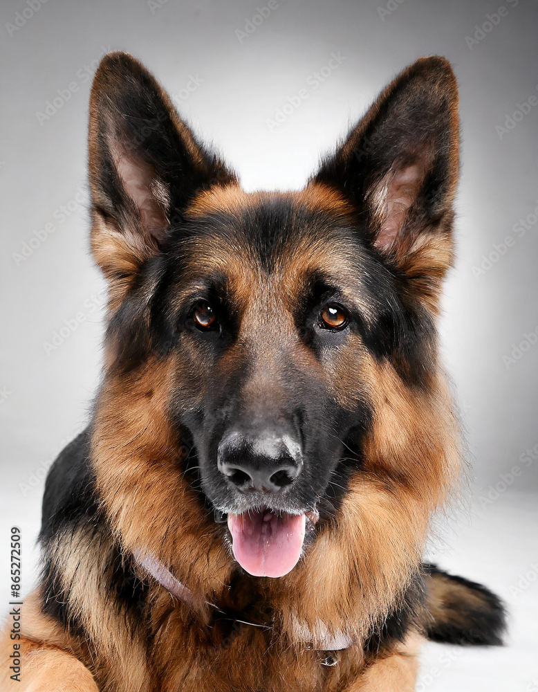 Portrait of German shepherd dog. Cute puppy, home domestic pet. Beautiful animal close up