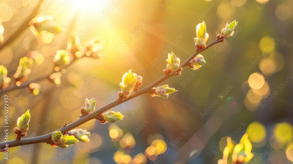 Twig with buds against sunny backdrop in spring Twig with buds against sunny backdrop in spring