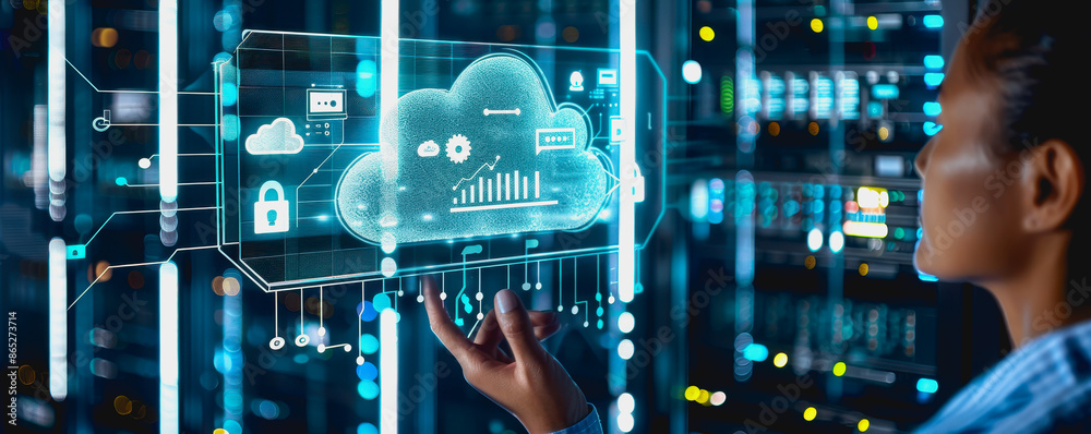 Person operating sophisticated digital cloud interface in state of the art data center Person operating sophisticated digital cloud interface in state of the art data center