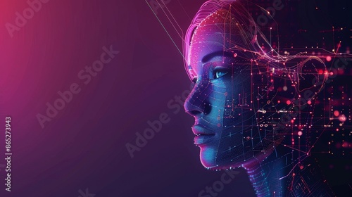 Cybernetic anthropomorphic woman on virtual interface looking at matrix data. Head or face of artificial intelligence looking at information and teaching neural networks.