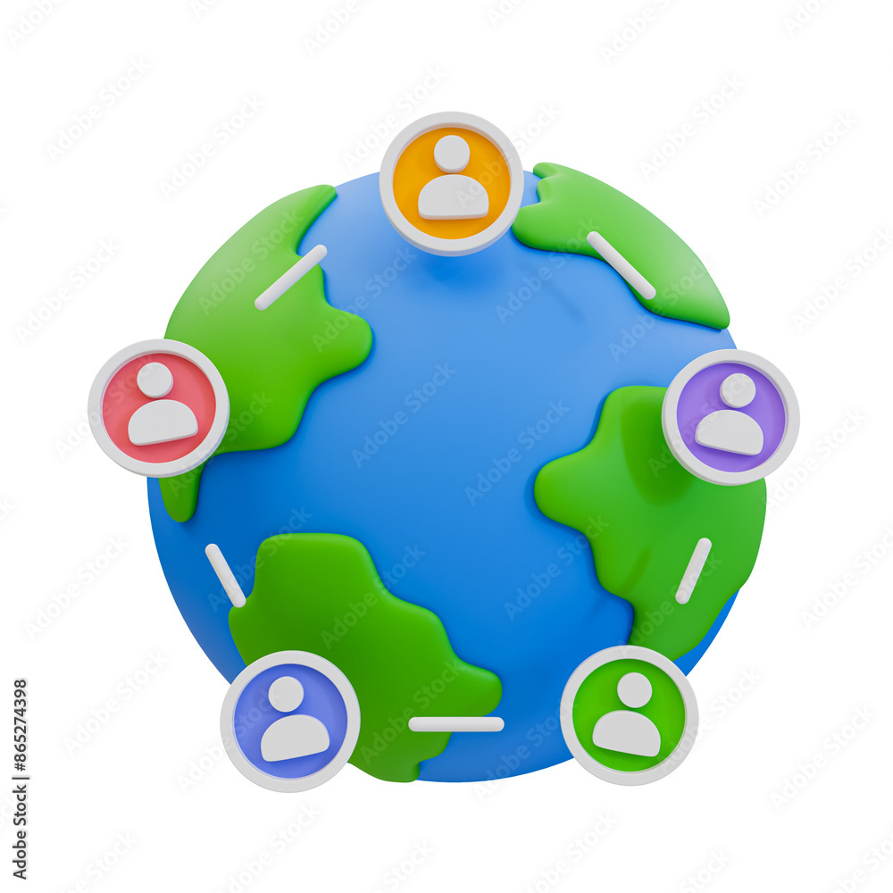 3D illustration of a globe with connected user icons, representing global social media connections and networking. 3D illustration of a globe with connected user icons, representing global social media connections and networking.