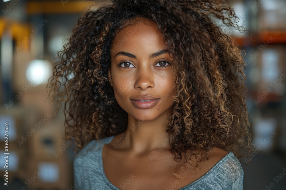 Portrait of a woman with beautifully curly hair smiling confidently, captured indoors in soft lighting. Her expressive eyes and the lively background add character to the image. Portrait of a woman with beautifully curly hair smiling confidently, captured indoors in soft lighting. Her expressive eyes and the lively background add character to the image.