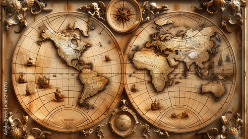  Visualize an explorers map with antique nautical chart navigation map pattern on old paper texture , with compass on wooden table background, wallpaper