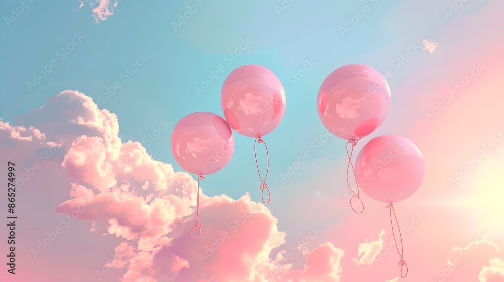 Delicate Pastel Balloons Floating Serenely Amidst Fluffy Clouds in Tranquil Sky Delicate Pastel Balloons Floating Serenely Amidst Fluffy Clouds in Tranquil Sky