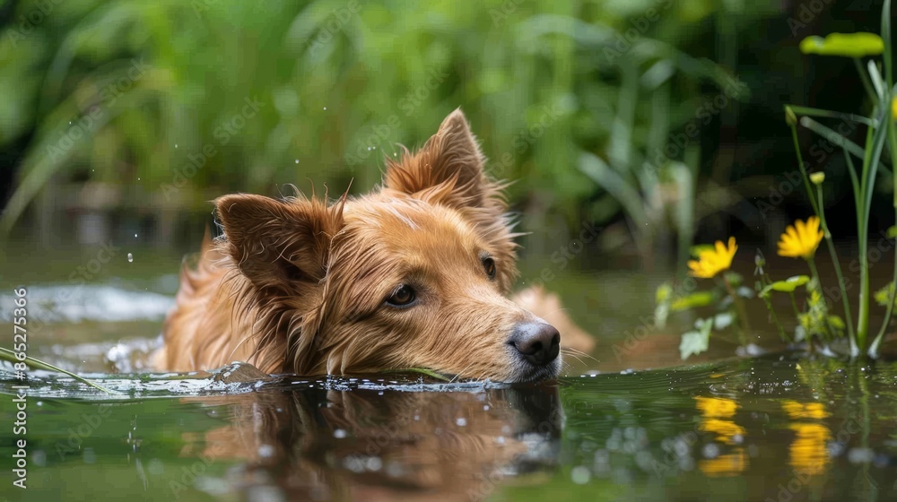 Naklejka premium Dog cooling off in a natural pond