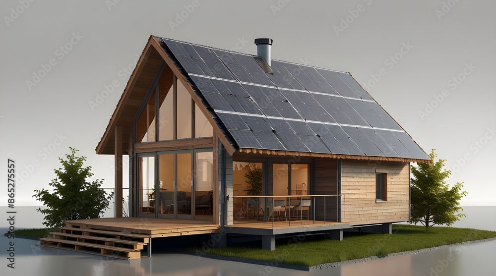 Eco house with sun solar panels energy on a roof isolated on white and transparent background.generative.ai Eco house with sun solar panels energy on a roof isolated on white and transparent background.generative.ai