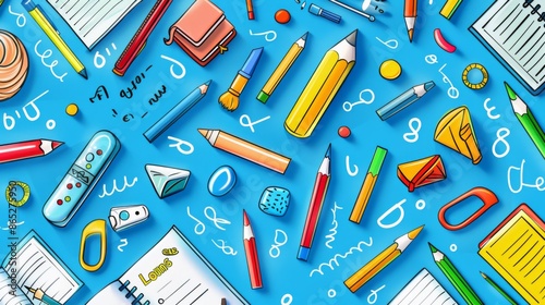 Colorful School Supplies on Blue Background