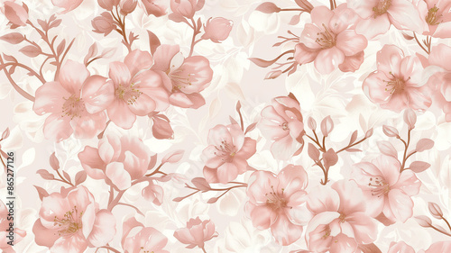 A blush pink and rose gold floral pattern wallpaper, with each flower outlined in shimmering metallic foil for a luxurious touch. The design features delicate blossoms and vines, providing a romantic 