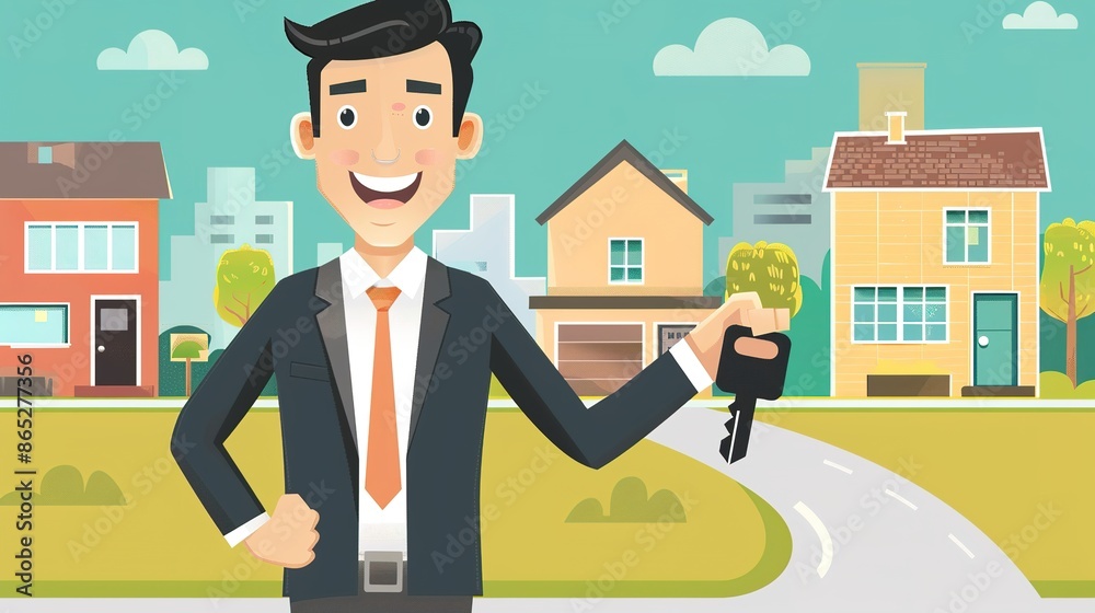 real estate agent holding house icon and key real estate agent holding house icon and key